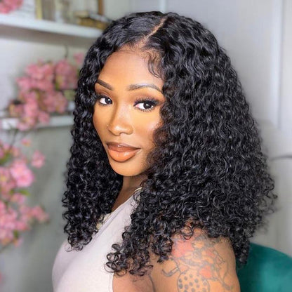 Natural Color curly Bob 180% Density Virgin Human hair 13x4 Transparent Lace Full Frontal Wig