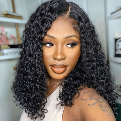 Natural Color curly Bob 180% Density Virgin Human hair 13x4 Transparent Lace Full Frontal Wig