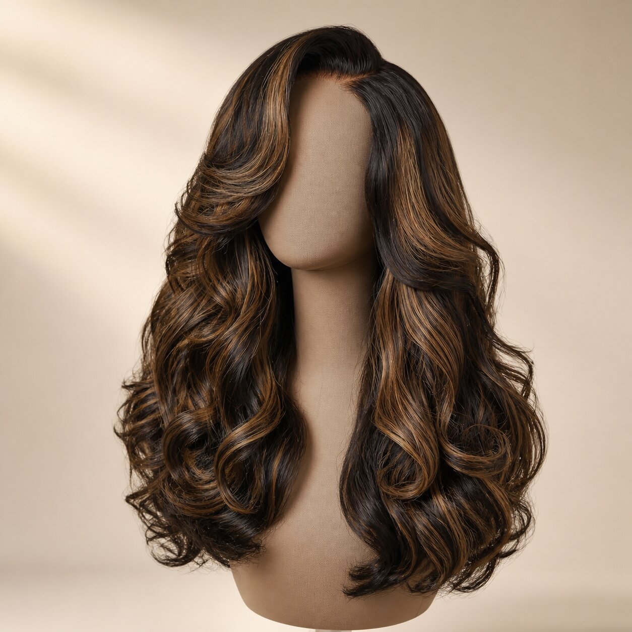Brown highlight loose body wave glueless human hair wig with a left C part on a neutral display form.