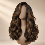 Brown highlight loose body wave glueless human hair wig with a left C part on a neutral display form.