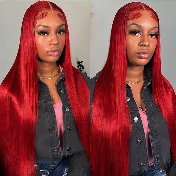 red Color Virgin Human hair 5x5 Transparent Lace Closure Glueless wigs - URBAN CHIC HAIR